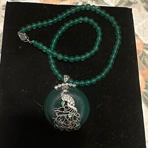 Elegant Green Beaded Necklace with Silver Peacock Pendant